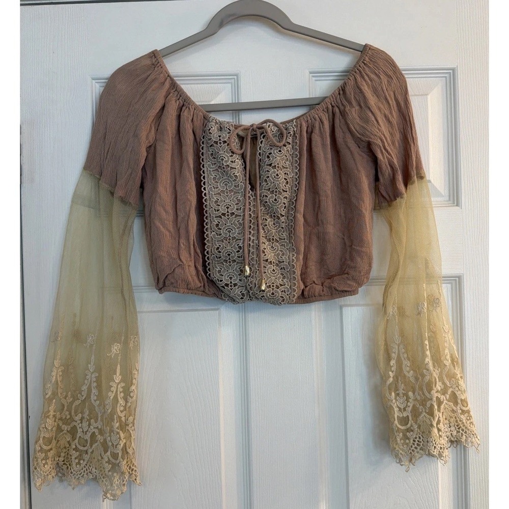 Coquette Peasant Top Lace Embroidery Floral Bell Sleeve Boho Fairy Festival Sz S
